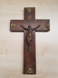 Crucifijo madera nogal y aplicaciones bronce | Años 50
