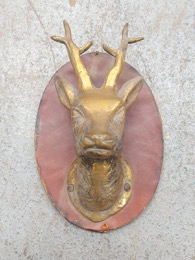 Cabeza de ciervo en bronce montado en madera oval | 17 x 16 x 23 cm